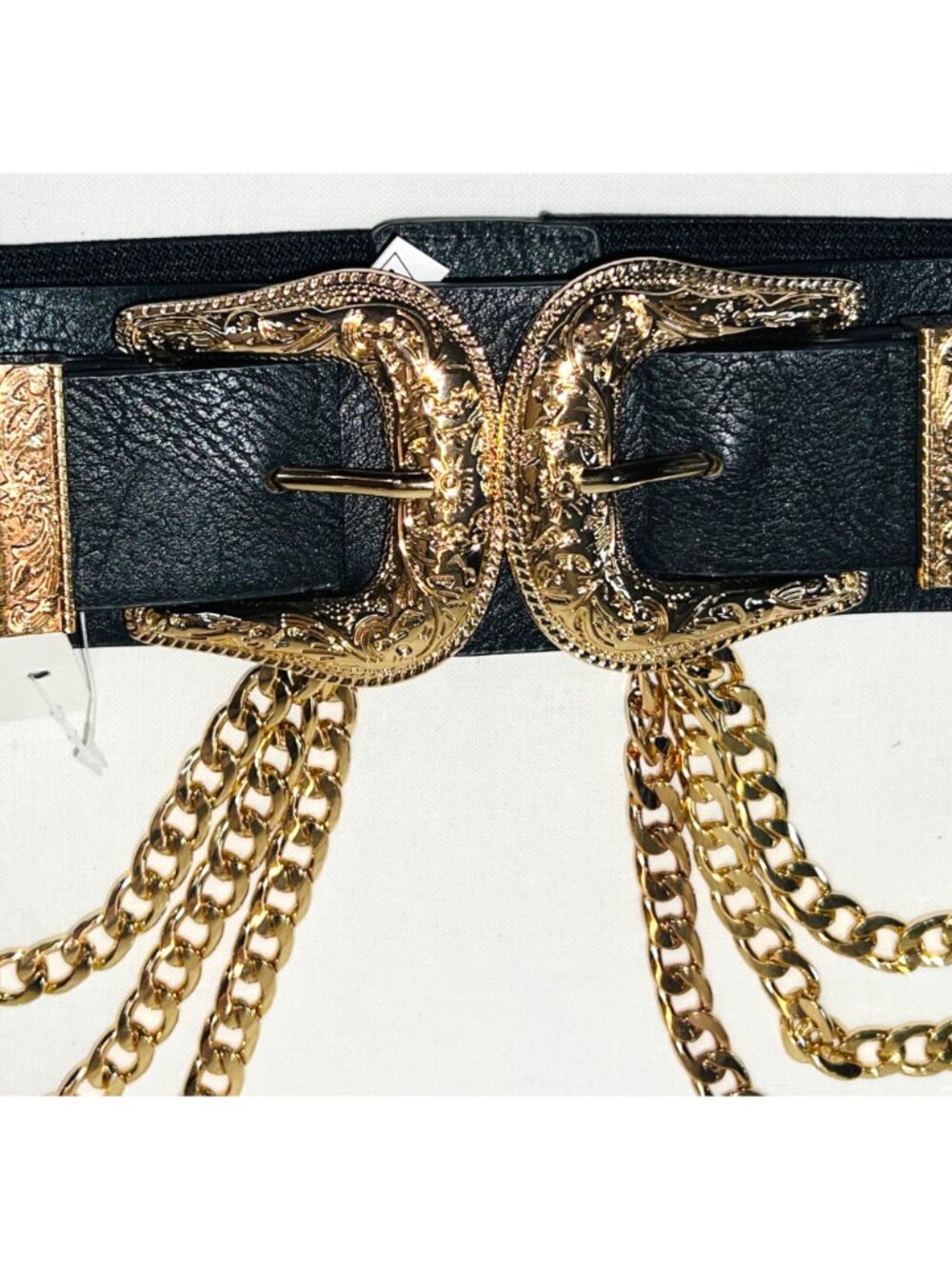 Western Inspired Black Elastic Chain Belt wGold-Tone Buckles & Chains Stretch - Picture 5 of 11